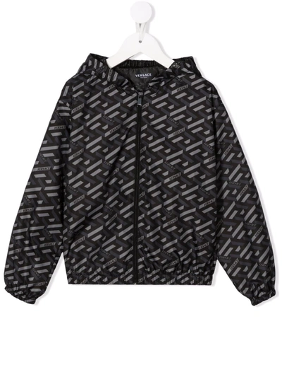 Shop Versace Logo Print Hooded Jacket In Black