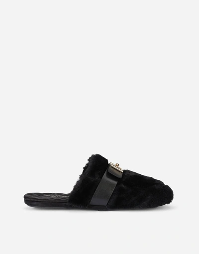 Shop Dolce & Gabbana Faux Fur Slippers With Dg Logo In Black