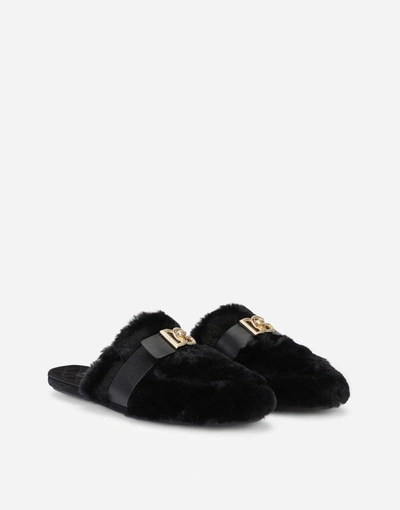 Shop Dolce & Gabbana Faux Fur Slippers With Dg Logo In Black