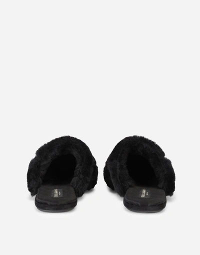 Shop Dolce & Gabbana Faux Fur Slippers With Dg Logo In Black