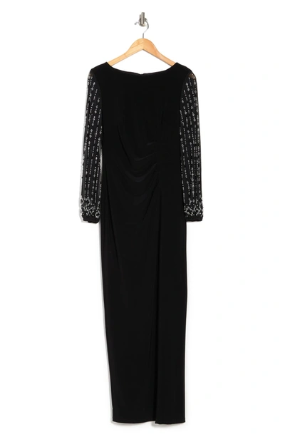 Marina Beaded Long Sleeve Maxi Gown In Black