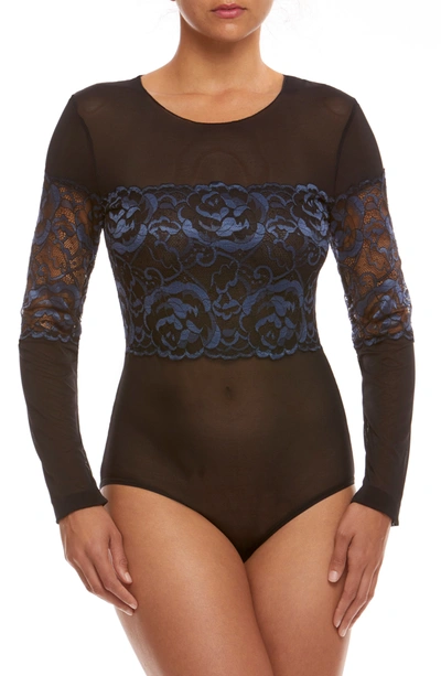 Shop Hanky Panky Lace Panel Mesh Bodysuit In Blue/ Black