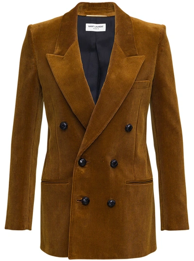 Shop Saint Laurent Double-breasted Blazer In Brown Suede Leather In Beige