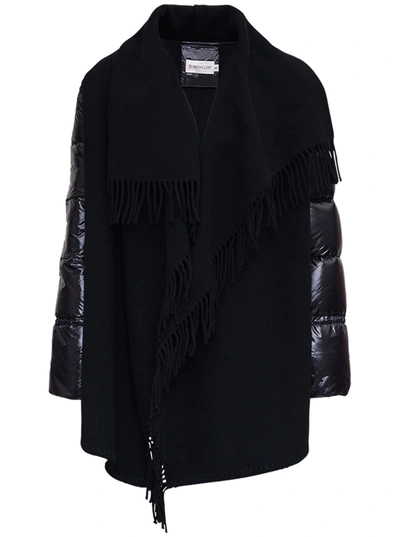 Shop Moncler Black Wool And Nylon Cape With Fringes