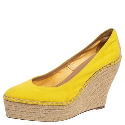 Pre-owned Oscar De La Renta Yellow Canvas Espadrille Wedge Pumps Size 39