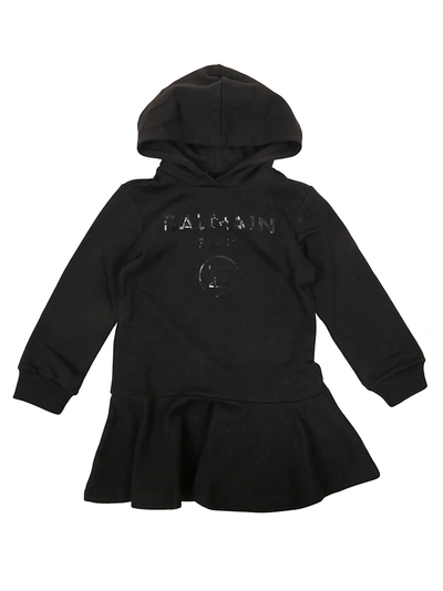 Shop Balmain Kids Sequin Logo Hoodie Dress In Black