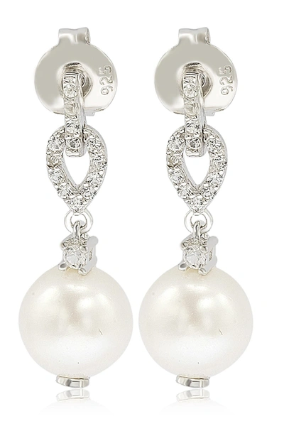 Suzy Levian Sterling Silver 8mm Freshwater Pearl & Created Sapphire Hang Earrings In White