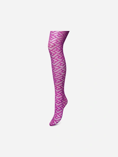 Shop Versace Semi-sheer Socks With All-over Greek Print In Fucsia