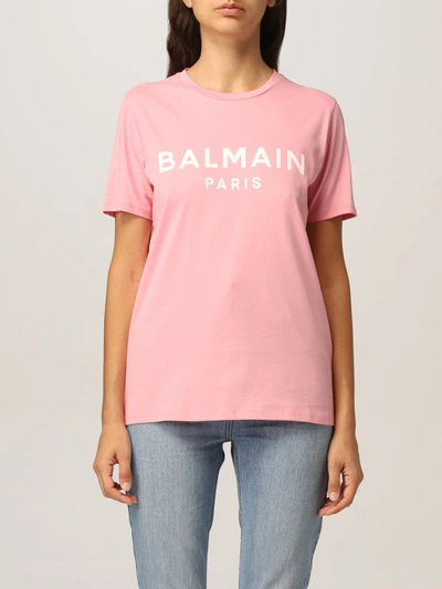 Shop Balmain T-shirt  Cotton T-shirt With Logo In Pink