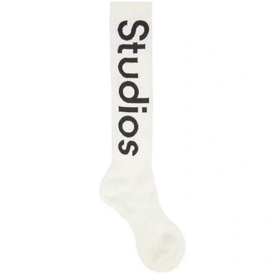 Shop Acne Studios Ivory Logo Cotton-blend Knee-high Socks In Off White