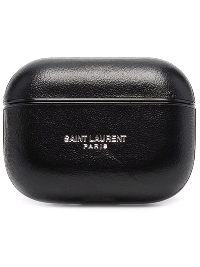 Shop Saint Laurent Embossed-logo Airpods Case In Black