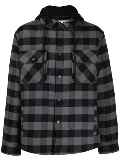 Shop Off-white Checked Hooded Shirt In Grey