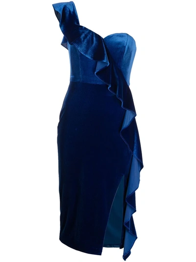 Shop Aidan Mattox Velvet Ruffle-trim One-shoulder Dress In Blue