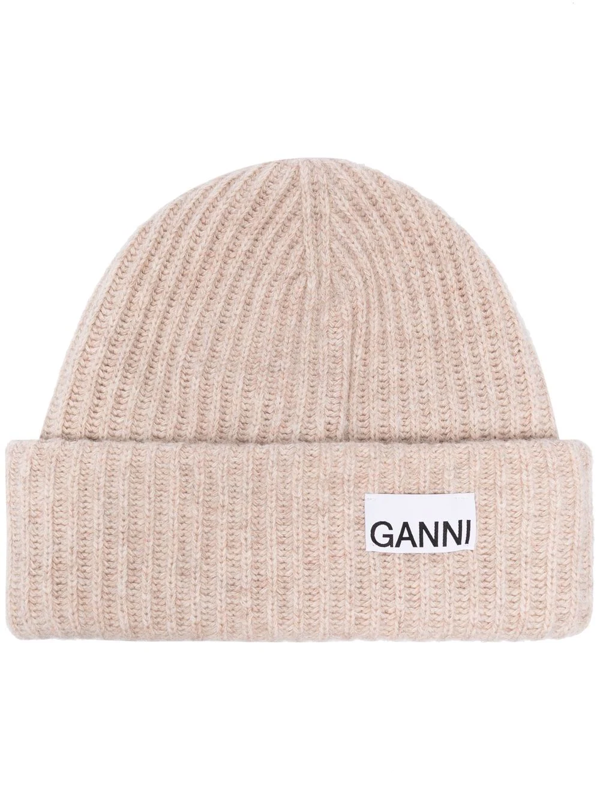 Ganni Rib-knit Logo-patch Beanie In Brazilian Sand ModeSens