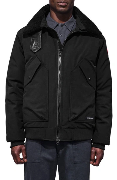 Shop Canada Goose Bromley Slim Fit Down Bomber Jacket With Genuine Shearling Collar In Black