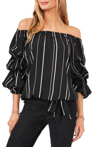 Vince Camuto Stripe Balloon Sleeve Off The Shoulder Blouse In Rich Black |  ModeSens