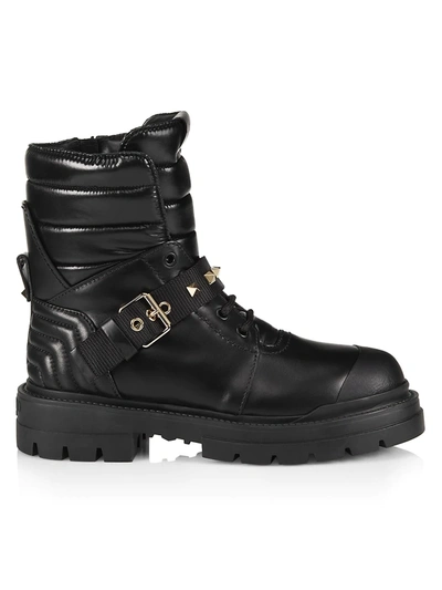 Shop Valentino Women's Rockstud Leather Combat Boots In Nero