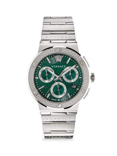 Shop Versace Greca Logo Chrono Stainless Steel Chronograph Bracelet Watch In Green