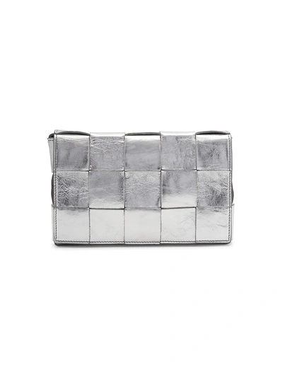 Shop Bottega Veneta Cassette Leather Shoulder Bag In Silver Silver