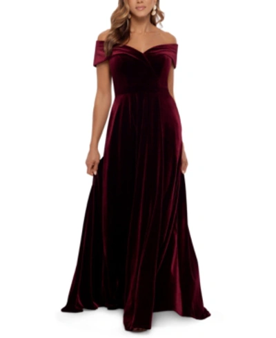 Shop Xscape Off-the-shoulder Velvet Gown In Burgundy