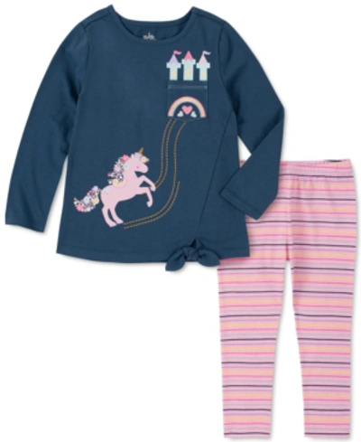 Shop Kids Headquarters Baby Girls Unicorn Tie-front Top And Striped Leggings Set In Navy