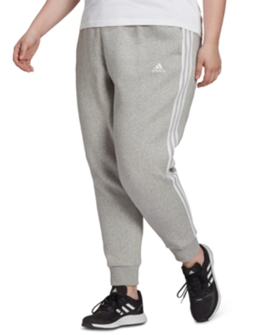 Shop Adidas Originals Adidas Plus Size Essentials Three-stripes Fleece Joggers In Medium Grey Heather/white