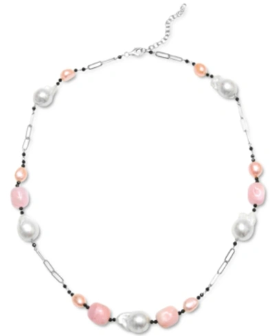 Shop Macy's Multi-pearl & Multi-gemstone Statement Necklace In Sterling Silver, 22" + 2" Extender In Pink