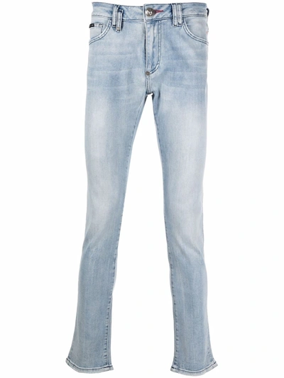 Shop Philipp Plein Logo-plaque Slim-cut Jeans In Blue