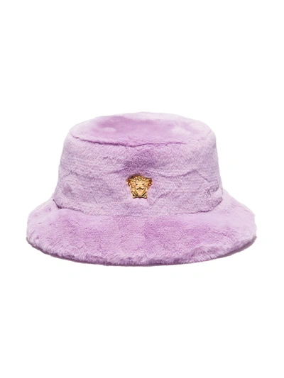 Shop Versace Faux-fur Medusa Bucket Hat In Purple