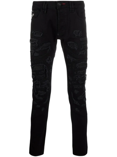 Shop Philipp Plein New Skinny Fit Destroyed Jeans In Black