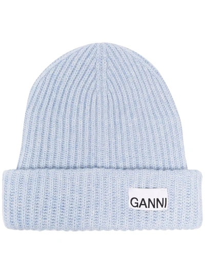 Shop Ganni Rib-knit Logo-patch Beanie In Blue