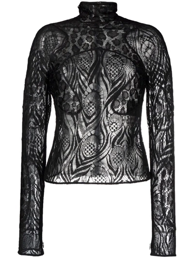 Shop Tom Ford Sheer Lace High-neck Top In Black