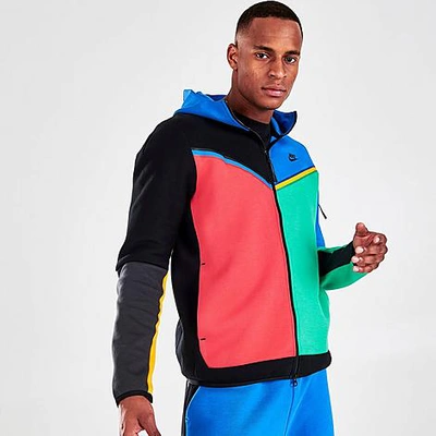 Shop Nike Men's Sportswear Tech Fleece Taped Full-zip Hoodie Size Large Cotton/polyester/fleece In Black/signal Blue/roma Green/black