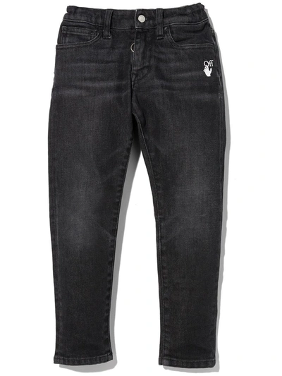 Shop Off-white Black Slim Fit Kids Jeans With Logo And Diagonals