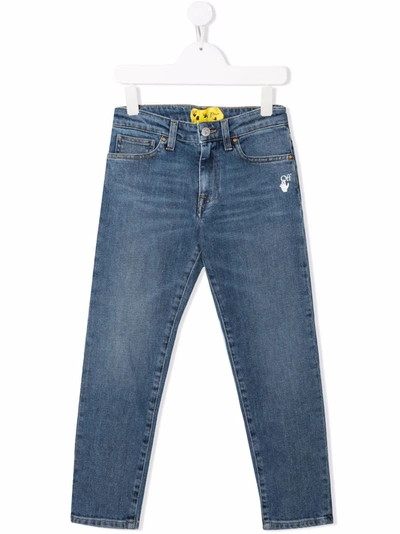 Shop Off-white Blue Slim Fit Kids Jeans With Logo And Diagonals