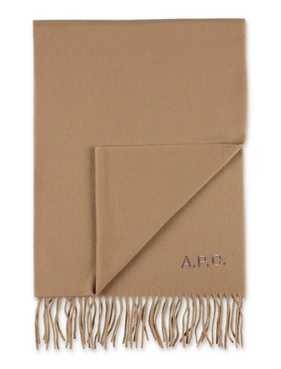 Shop Apc A.p.c. Embroidered Logo Scarf In Camel