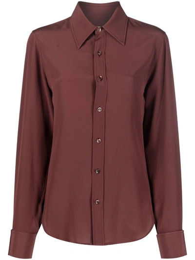 Shop Saint Laurent Button-up Silk Shirt In Braun
