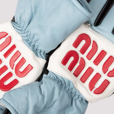 Shop Miu Miu Leather Logo Gloves In Blue