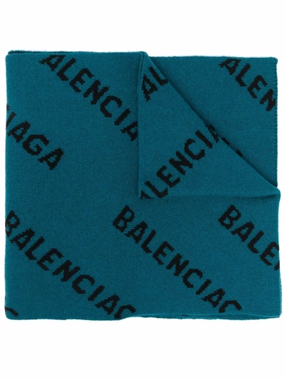 Shop Balenciaga Intarsia-knit Logo Scarf In Blau