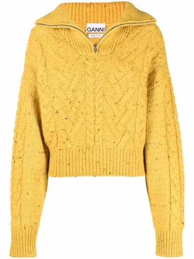 Shop Ganni Half-zip Cable-knit Jumper In Gelb