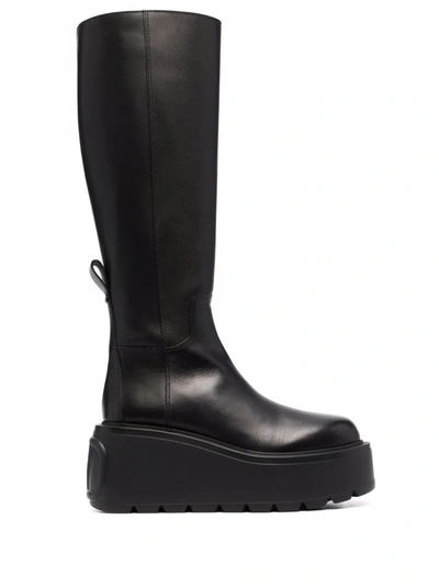 Shop Valentino Vlogo Knee-high Leather Platform Boots In Schwarz