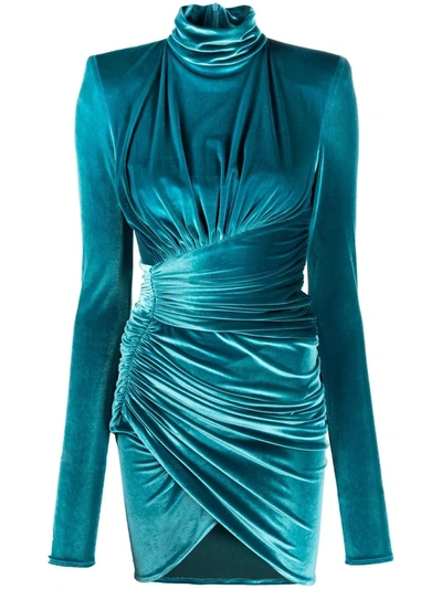 Shop Alexandre Vauthier Gathered-detail Long-sleeve Dress In Blue