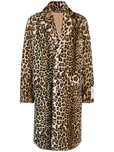 Shop Palm Angels Leopard Print Fur Coat Brown