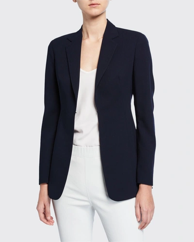 Shop Akris Leather-collar Wool Jacket In Navy