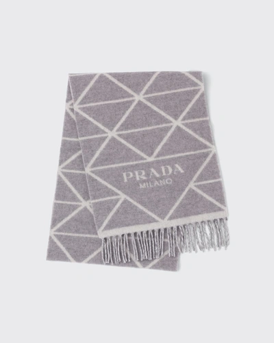 Shop Prada Double Triangle Cashmere Fringe Scarf In Gray/white