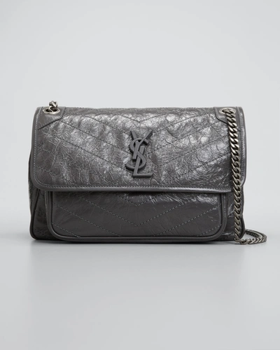 Shop Saint Laurent Niki Medium Crinkled Calf Flap-top Shoulder Bag In Gray/red