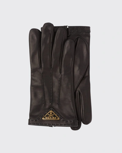 Shop Prada Three-point Napa Leather Gloves In Black