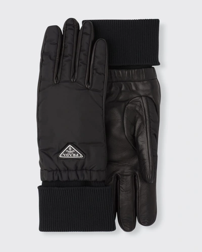 Shop Prada Nylon Leather Gloves W/ Triangle Logo In Black