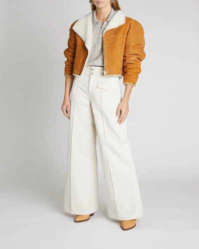 Shop Isabel Marant Suede Cropped Jacket W/ Shearling Lining In Camel