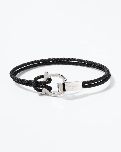 Shop Ferragamo Men's Braided Leather Bracelet In Black In Nero/pld